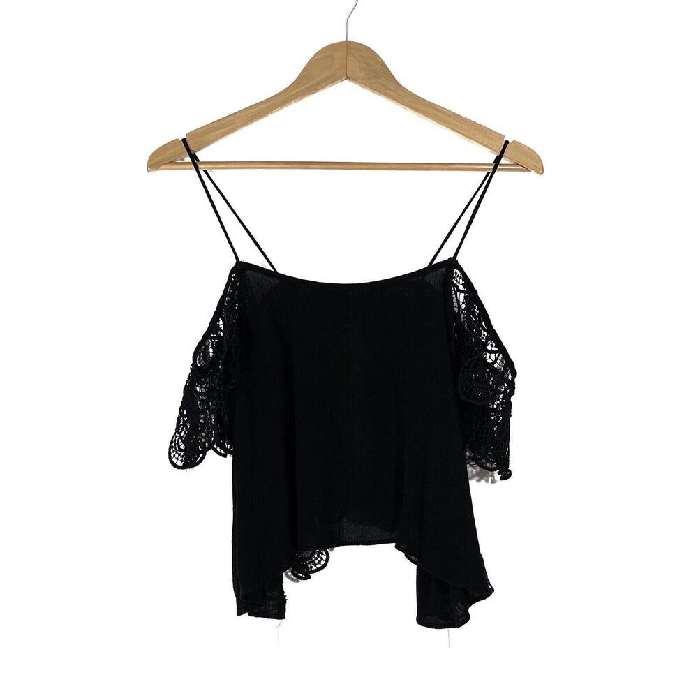 Millau LF Women’s Size XS Black Crepe Woven Crochet Lace Open Back Cropped Top